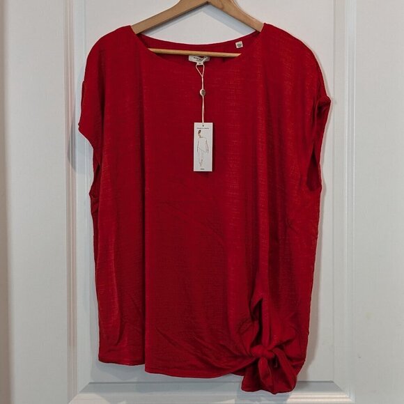 Max Studio Top Size 3X Red Side-Tie Knot Crinkle Knit Short Sleeve Blouse NWT - Picture 2 of 14